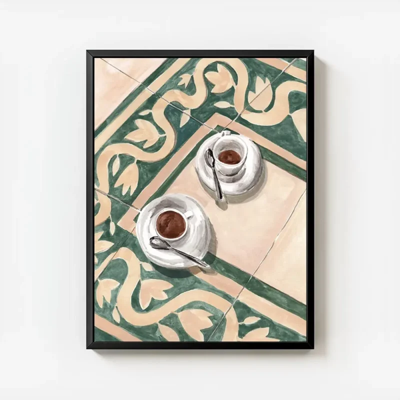affiche de deux tasses de cafe italien blanc sur un sol carrele vert et beige av avec cadre.webp