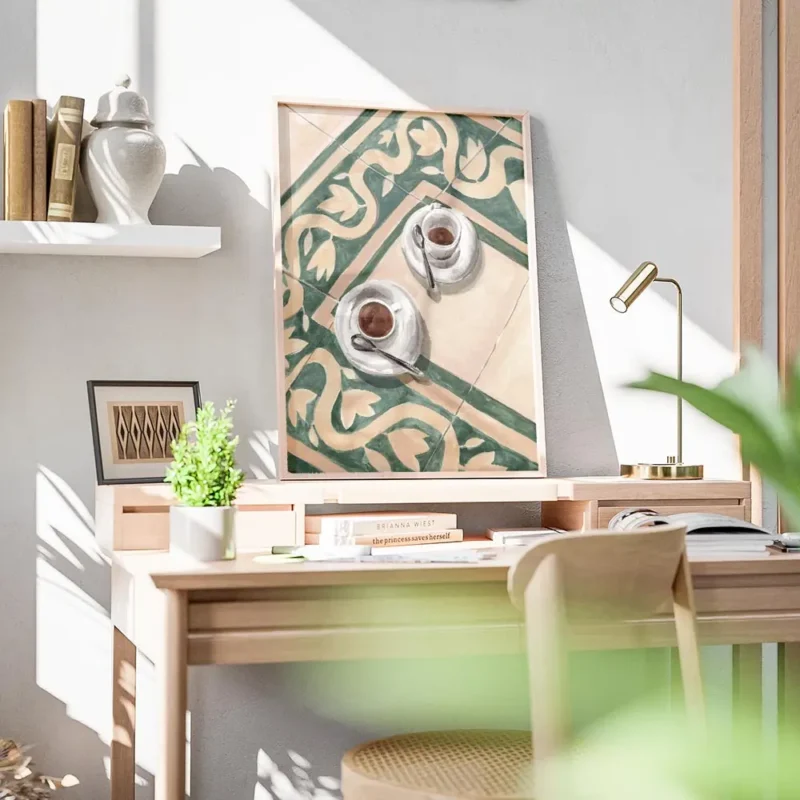 affiche de deux tasses de cafe italien blanc sur un sol carrele vert et beige av bureau.webp