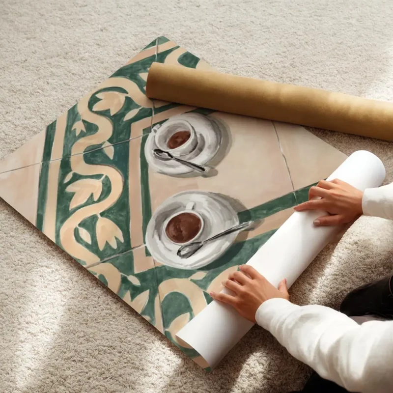affiche de deux tasses de cafe italien blanc sur un sol carrele vert et beige av enroule.webp