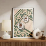 affiche de deux tasses de cafe italien blanc sur un sol carrele vert et beige av meuble.webp