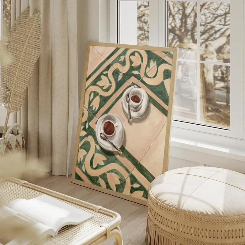 affiche de deux tasses de cafe italien blanc sur un sol carrele vert et beige av salon beige.webp