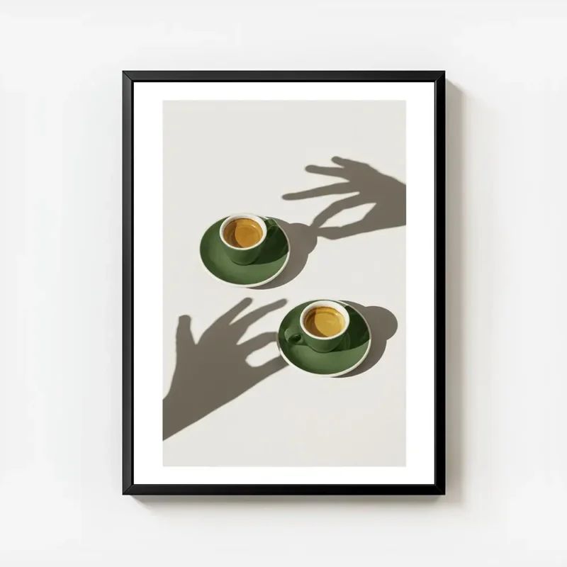 affiche de deux tasses de cafe vert sur soucoupes avec des ombres de mains sur l avec cadre.webp