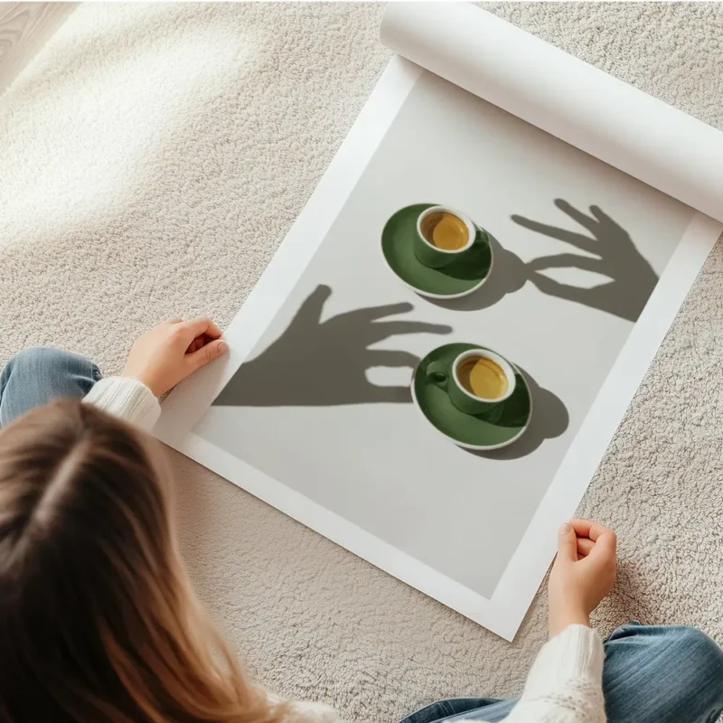 affiche de deux tasses de cafe vert sur soucoupes avec des ombres de mains sur l en rouleau.webp