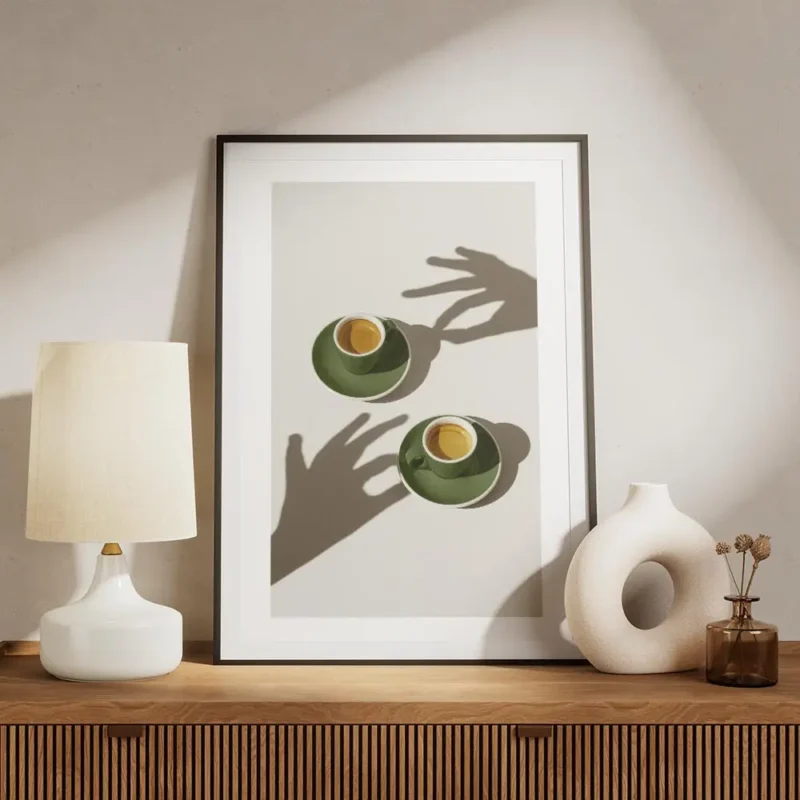 affiche de deux tasses de cafe vert sur soucoupes avec des ombres de mains sur l meuble.webp