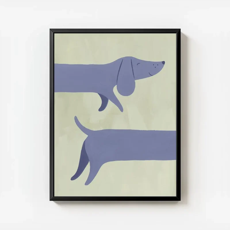affiche de deux teckels bleus joyeux sur un fond vert clair typographie moderne avec cadre.webp