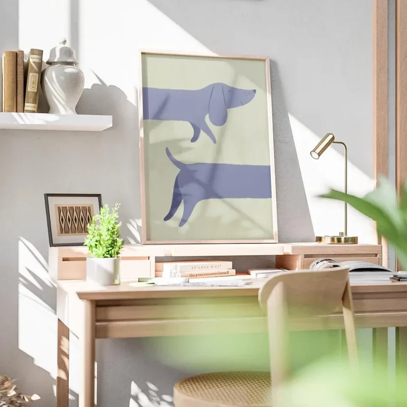affiche de deux teckels bleus joyeux sur un fond vert clair typographie moderne bureau.webp