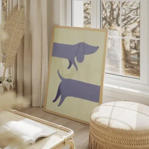 affiche de deux teckels bleus joyeux sur un fond vert clair typographie moderne salon beige.webp