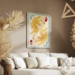 affiche de deux tigres stylises jaunes et orange sur une carte a jouer style rei salon.webp