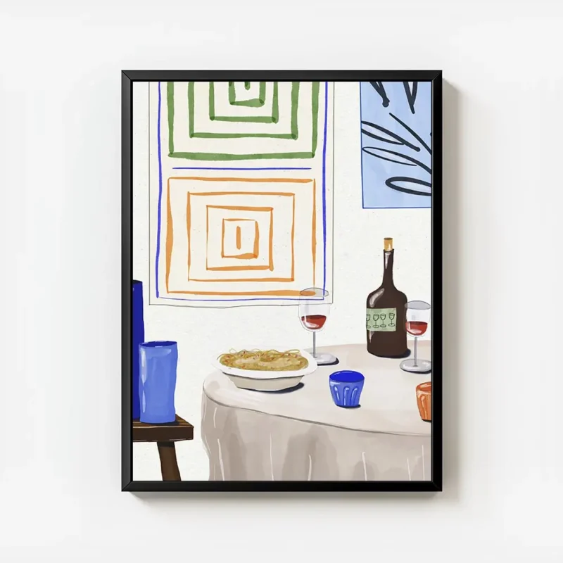 affiche de diner festif avec table vin pates et typographie abstraite au mur avec cadre.webp