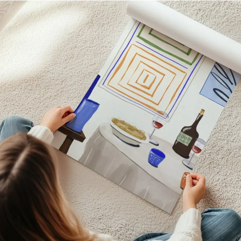 affiche de diner festif avec table vin pates et typographie abstraite au mur en rouleau.webp