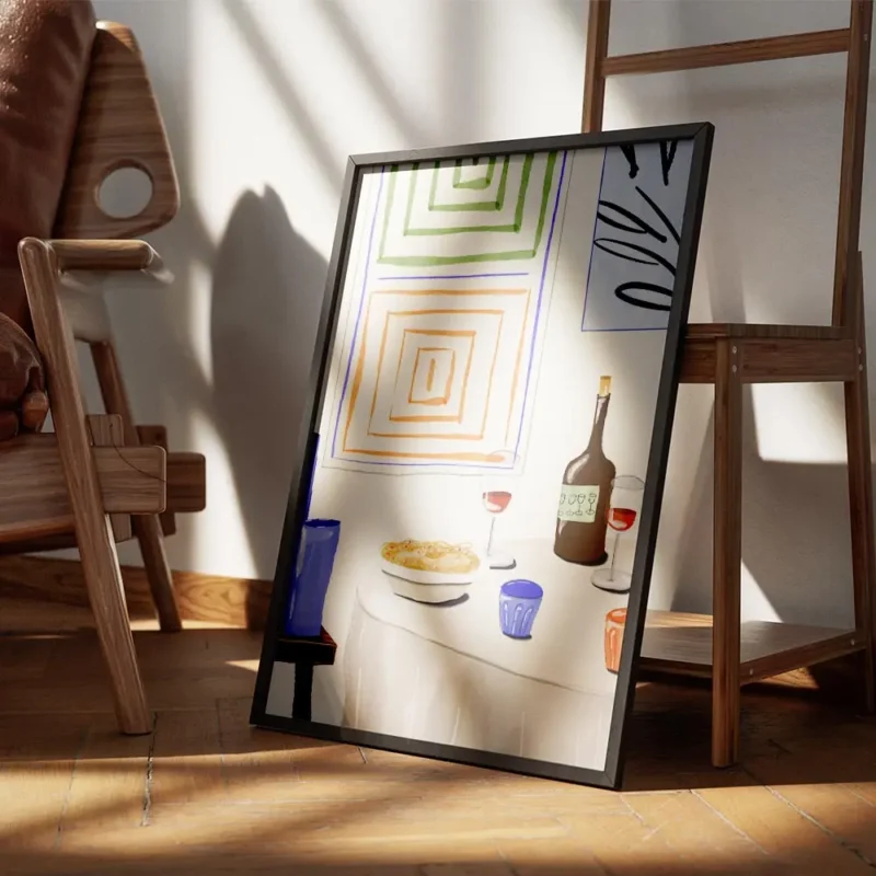affiche de diner festif avec table vin pates et typographie abstraite au mur encadre.webp