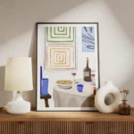 affiche de diner festif avec table vin pates et typographie abstraite au mur meuble.webp