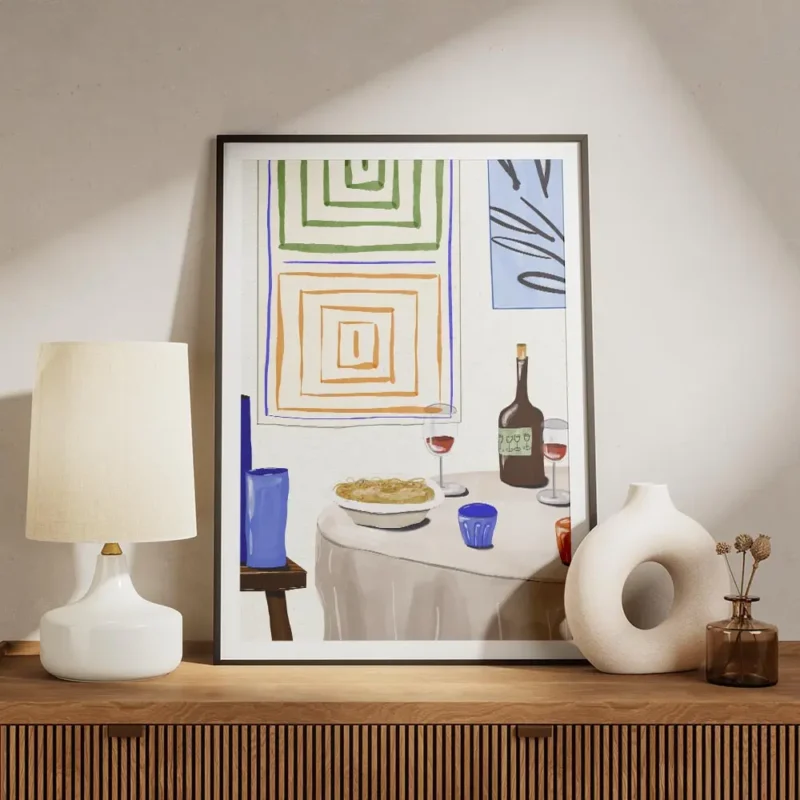 affiche de diner festif avec table vin pates et typographie abstraite au mur meuble.webp