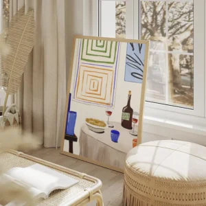 affiche de diner festif avec table vin pates et typographie abstraite au mur salon beige.webp