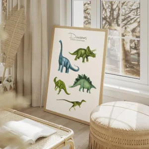 affiche de dinosaures colores style illustration pour enfants avec un brachiosau salon beige.webp
