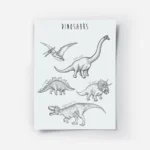 affiche de dinosaures dessines a la main en noir sur fond bleu vert avec leurs n.webp