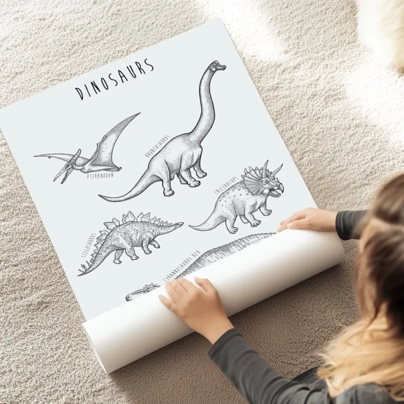 affiche de dinosaures dessines a la main en noir sur fond bleu vert avec leurs n au sol.webp