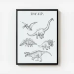 affiche de dinosaures dessines a la main en noir sur fond bleu vert avec leurs n avec cadre.webp