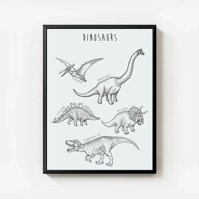 affiche de dinosaures dessines a la main en noir sur fond bleu vert avec leurs n avec cadre.webp