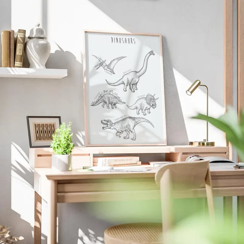affiche de dinosaures dessines a la main en noir sur fond bleu vert avec leurs n bureau.webp