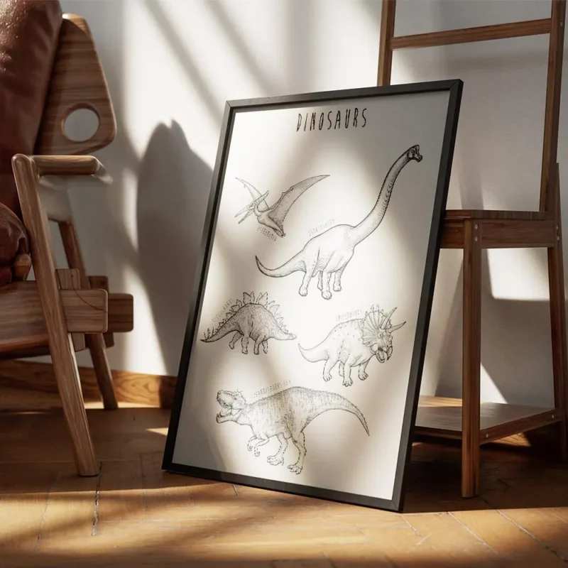 affiche de dinosaures dessines a la main en noir sur fond bleu vert avec leurs n encadre.webp