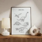 affiche de dinosaures dessines a la main en noir sur fond bleu vert avec leurs n meuble.webp