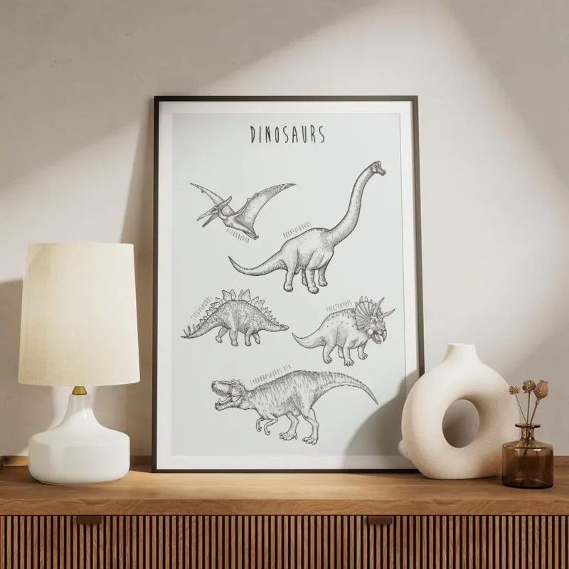 affiche de dinosaures dessines a la main en noir sur fond bleu vert avec leurs n meuble.webp