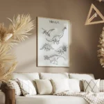 affiche de dinosaures dessines a la main en noir sur fond bleu vert avec leurs n salon.webp