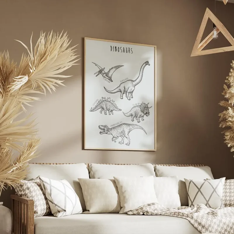 affiche de dinosaures dessines a la main en noir sur fond bleu vert avec leurs n salon.webp
