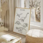 affiche de dinosaures dessines a la main en noir sur fond bleu vert avec leurs n salon beige.webp