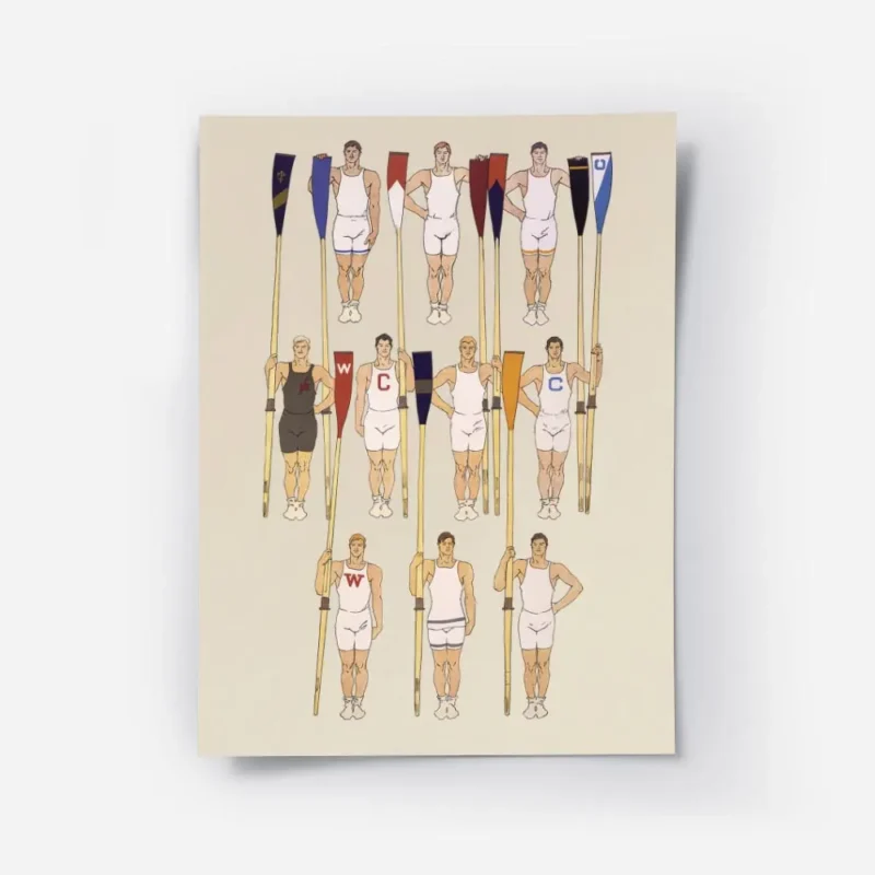 affiche de dix rameurs en trois rangees avec des avirons colores vetus duniforme.webp