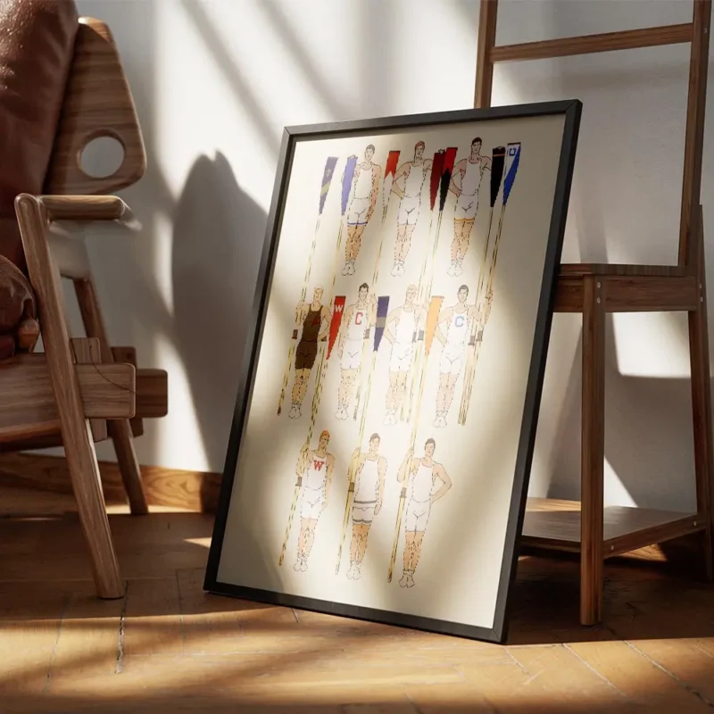 affiche de dix rameurs en trois rangees avec des avirons colores vetus duniforme encadre.webp
