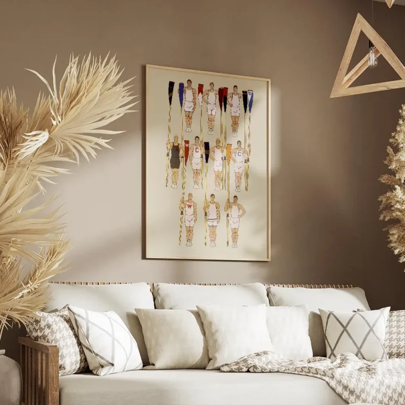 affiche de dix rameurs en trois rangees avec des avirons colores vetus duniforme salon.webp