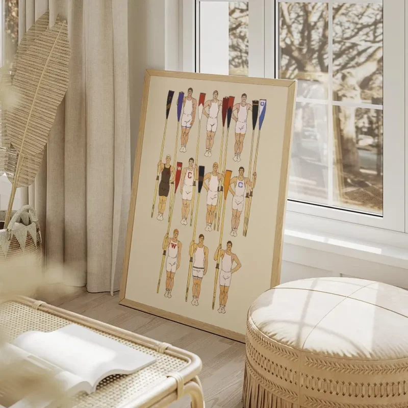 affiche de dix rameurs en trois rangees avec des avirons colores vetus duniforme salon beige.webp