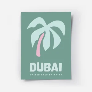 affiche de dubai aux couleurs vives typographie saisissante et palmier stylise e.webp