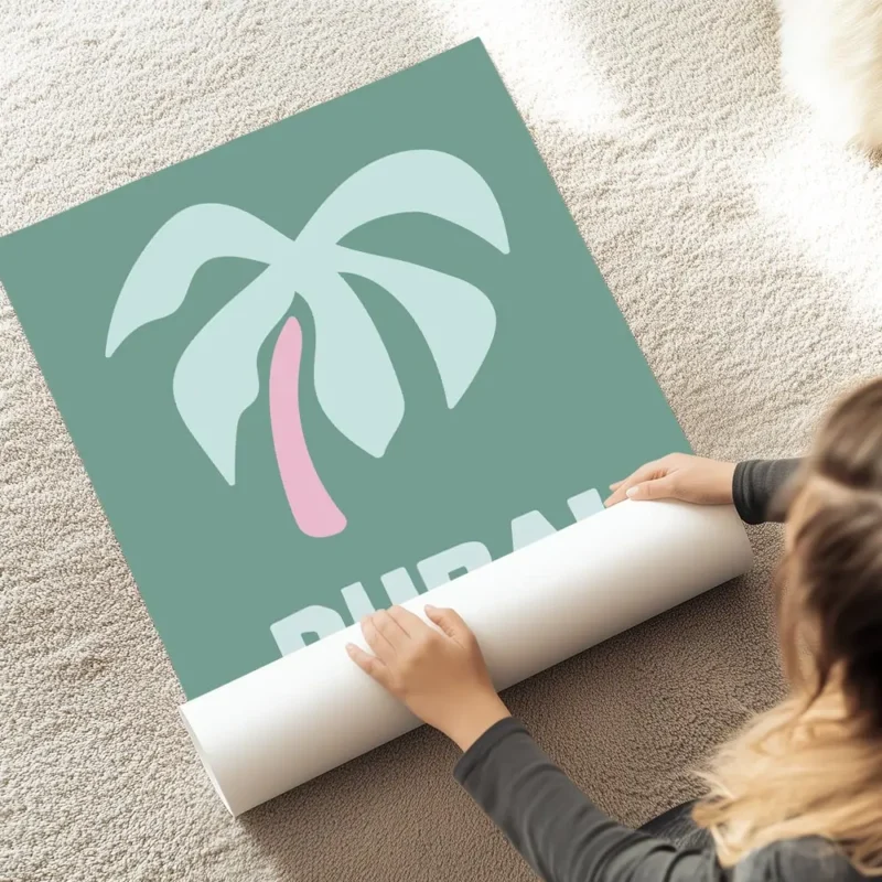affiche de dubai aux couleurs vives typographie saisissante et palmier stylise e au sol.webp