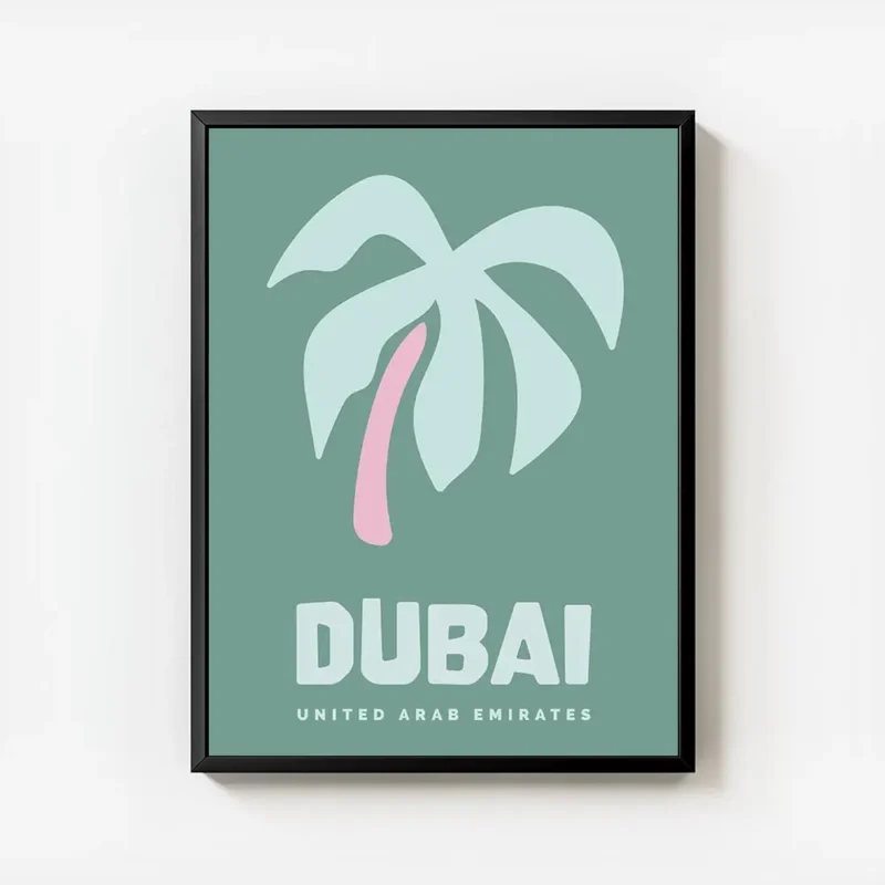 affiche de dubai aux couleurs vives typographie saisissante et palmier stylise e avec cadre.webp