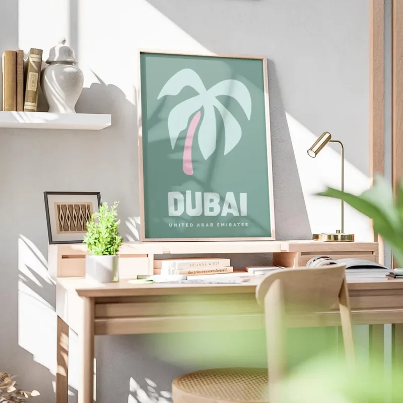 affiche de dubai aux couleurs vives typographie saisissante et palmier stylise e bureau.webp
