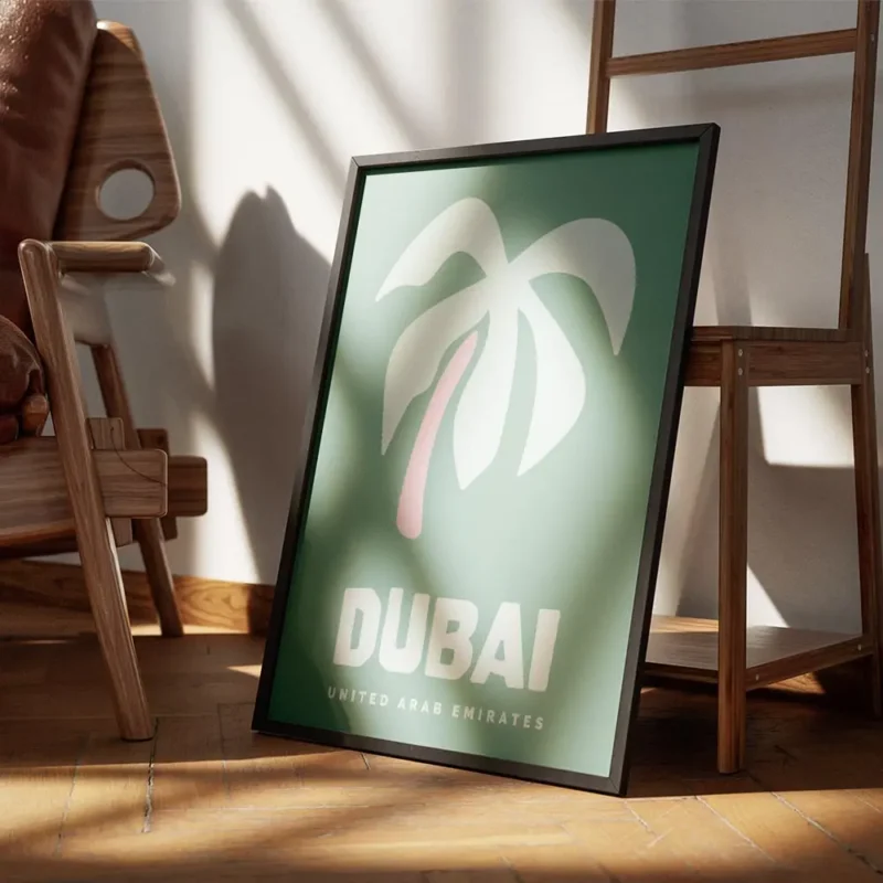 affiche de dubai aux couleurs vives typographie saisissante et palmier stylise e encadre.webp