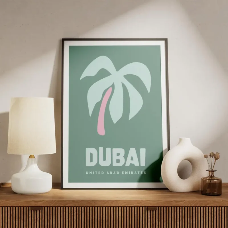 affiche de dubai aux couleurs vives typographie saisissante et palmier stylise e meuble.webp