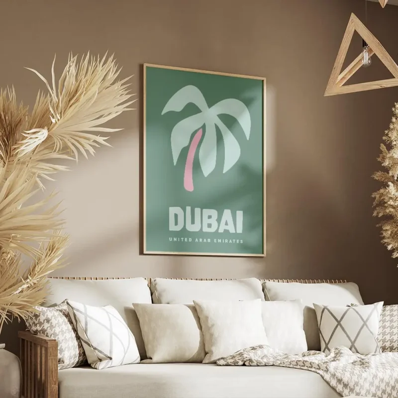 affiche de dubai aux couleurs vives typographie saisissante et palmier stylise e salon.webp