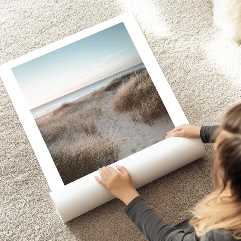 affiche de dunes de sable avec herbe de plage et ocean calme au coucher du solei au sol.webp