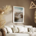 affiche de dunes de sable avec herbe de plage et ocean calme au coucher du solei salon.webp