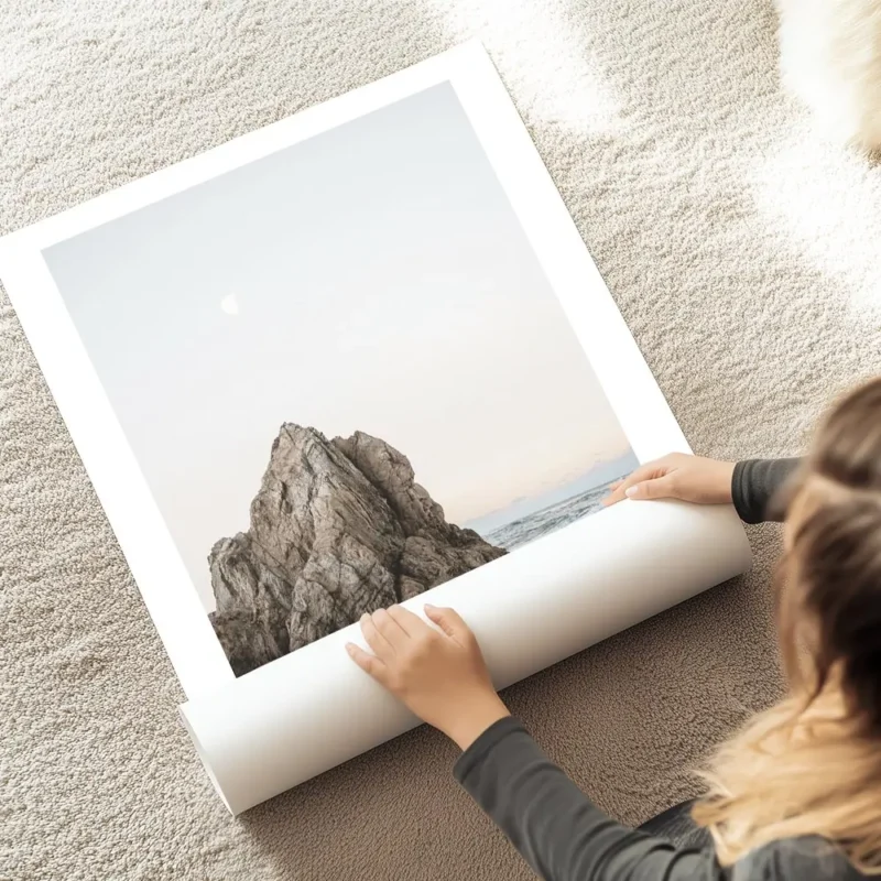 affiche de falaises rocheuses sur une plage au coucher du soleil avec la lune vi au sol.webp