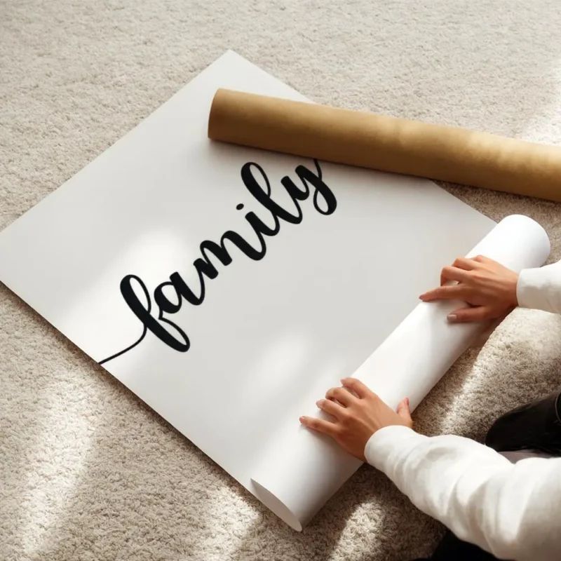 affiche de famille personnalisee avec le mot family en noir et une typographie m enroule.webp