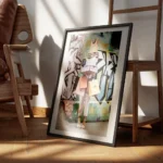 affiche de femme avec sacs et boites de shopping devant un mur de graffitis styl encadre.webp