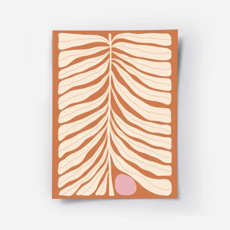 affiche de feuille beige abstraite avec un cercle rose sur fond orange rouille t.webp