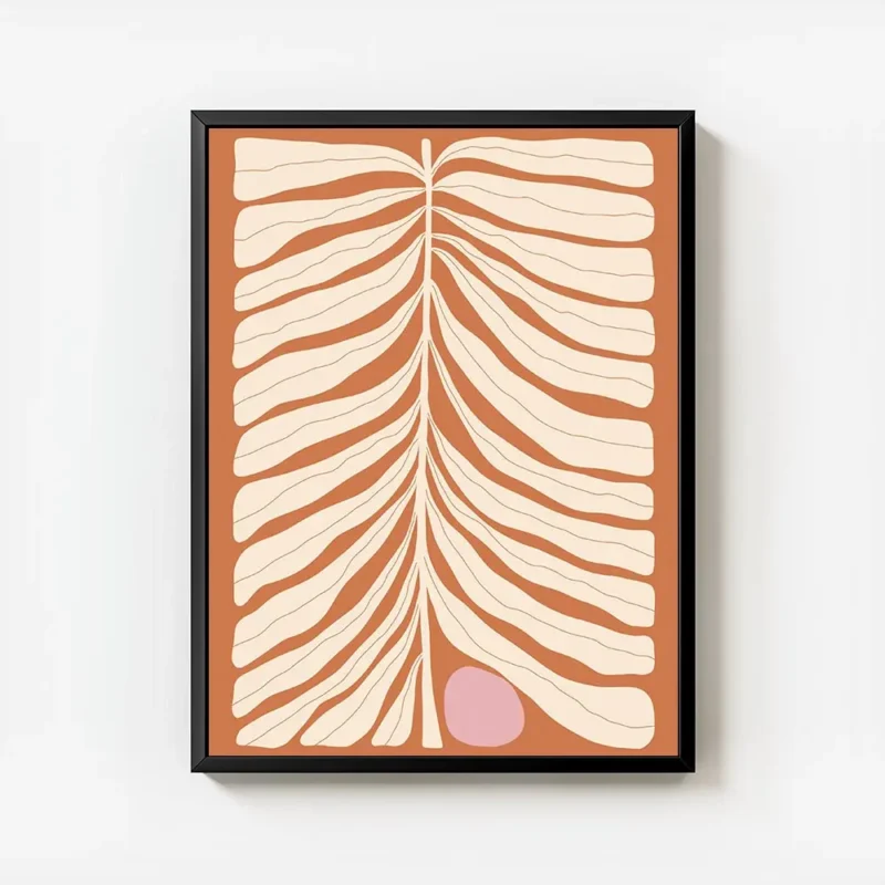affiche de feuille beige abstraite avec un cercle rose sur fond orange rouille t avec cadre.webp