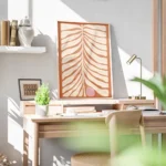 affiche de feuille beige abstraite avec un cercle rose sur fond orange rouille t bureau.webp