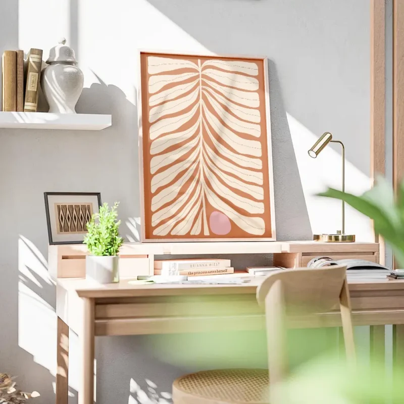 affiche de feuille beige abstraite avec un cercle rose sur fond orange rouille t bureau.webp